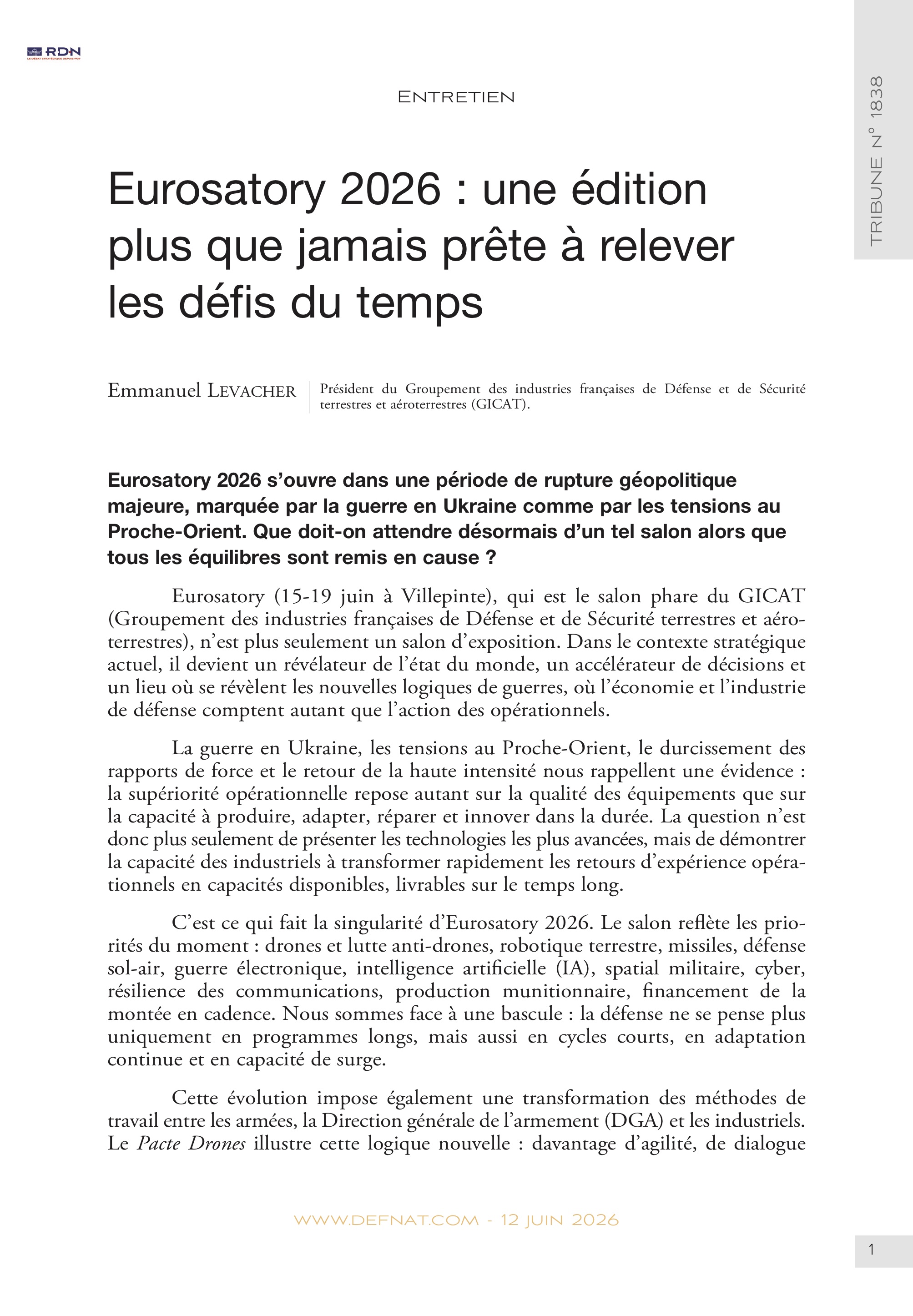 Entretien &ndash;&nbsp;Eurosatory&nbsp;2026&nbsp;: une &eacute;dition plus&nbsp;que&nbsp;jamais pr&ecirc;te&nbsp;&agrave;&nbsp;relever les&nbsp;d&eacute;fis du&nbsp;temps (T&nbsp;1838)
